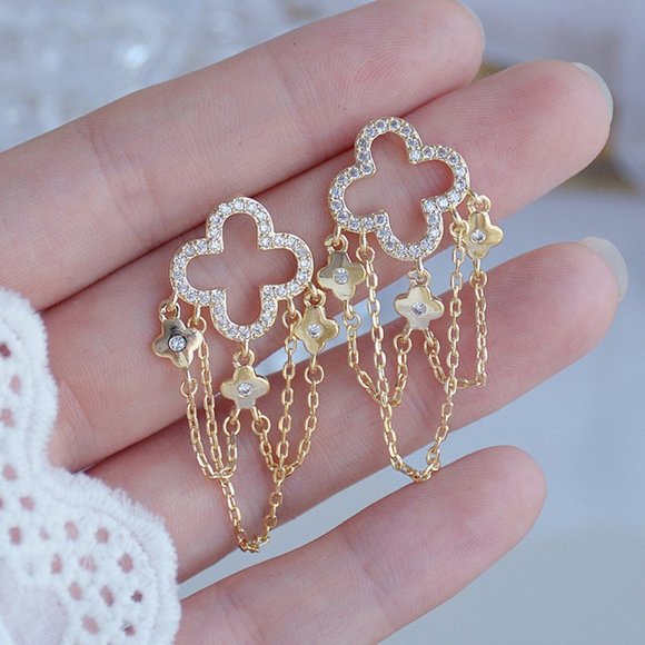 Jewelry - NEW 14K Gold Plated Diamond Clover Chain Earrings